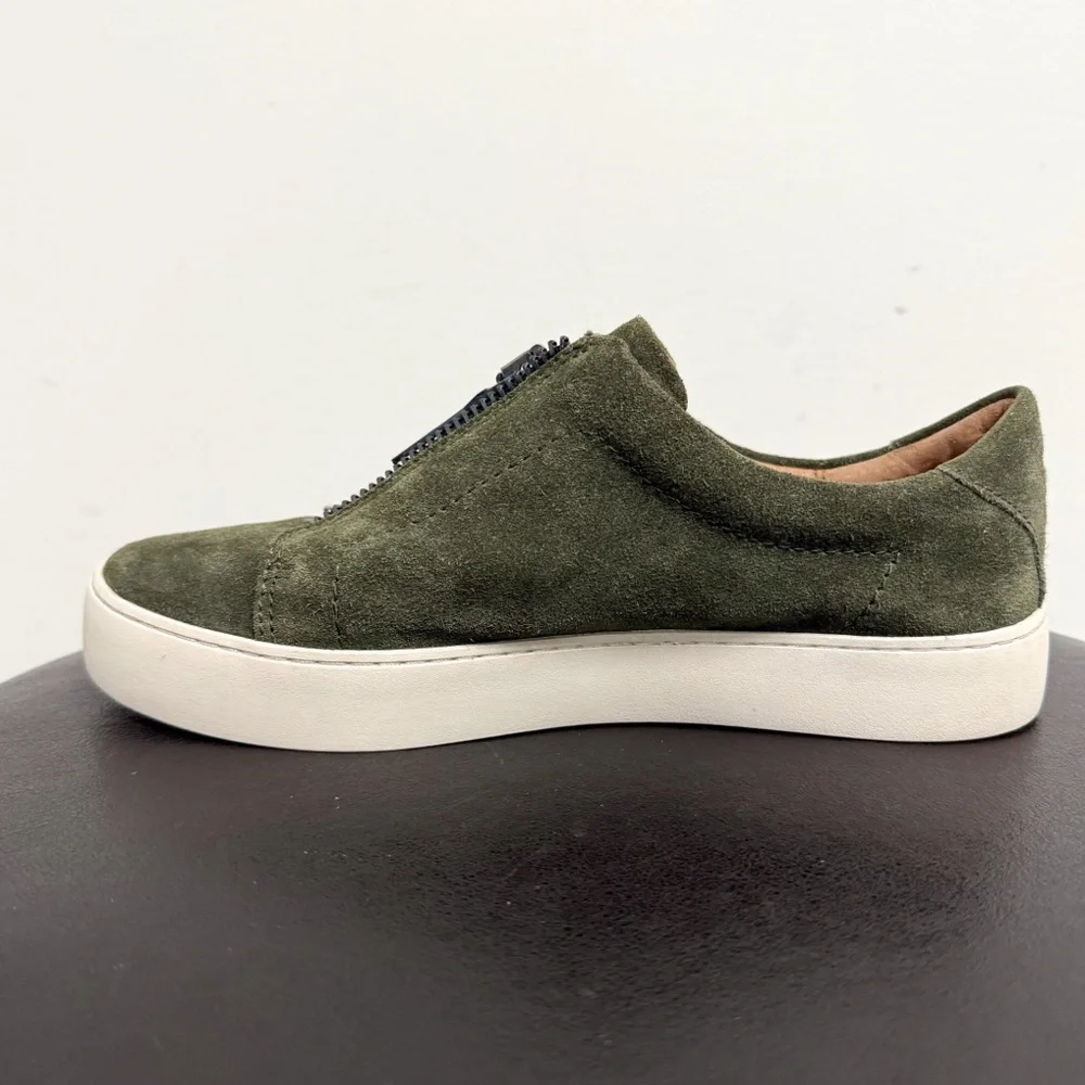Frye Forest Green Suede Lena Zip Up Slip On Low Ivory Trim Top Sneaker 8 8M
